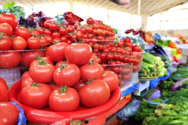 Olgun kırmızı domates, salatalık, ıspanak ve diğer sebze bulanık planda farklı çeşitleri tepsiler piyasada satılan