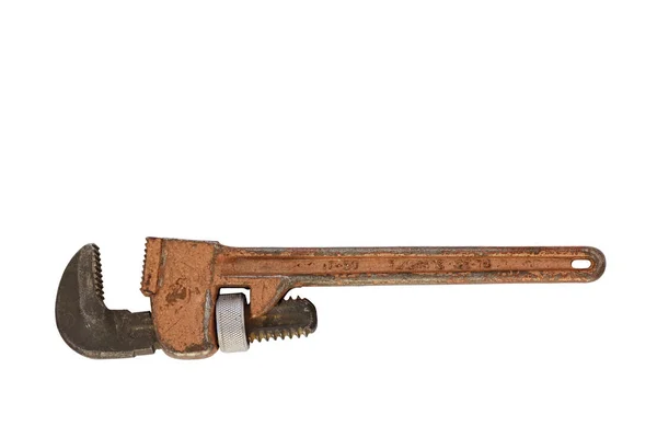 Stary regulowany klucz do rur na białym tle — Zdjęcie stockowe