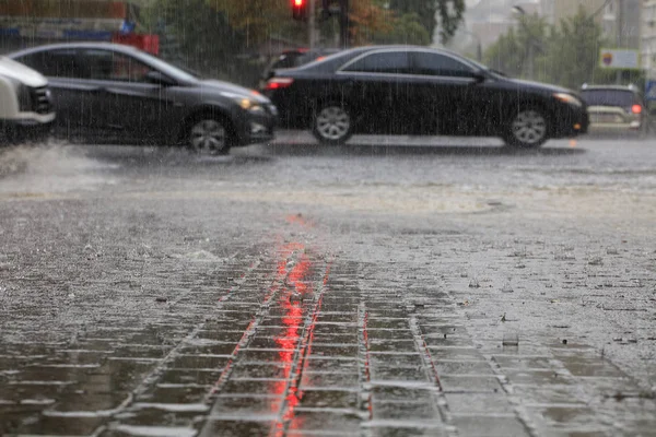 Heavy rain on the sidewalk and asphalt road is illuminated by a red traffic light. — Stock Photo, Image