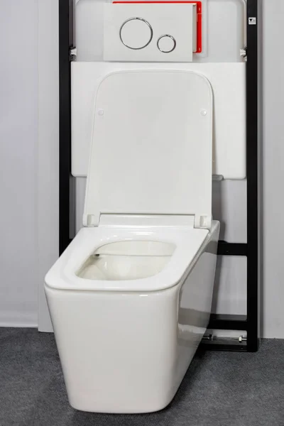 White toilet bowl with modern wall-hanging system and flush mechanism.