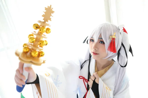 Japan Anime Cosplay Witte Japanse Miko Witte Toon Kamer — Stockfoto