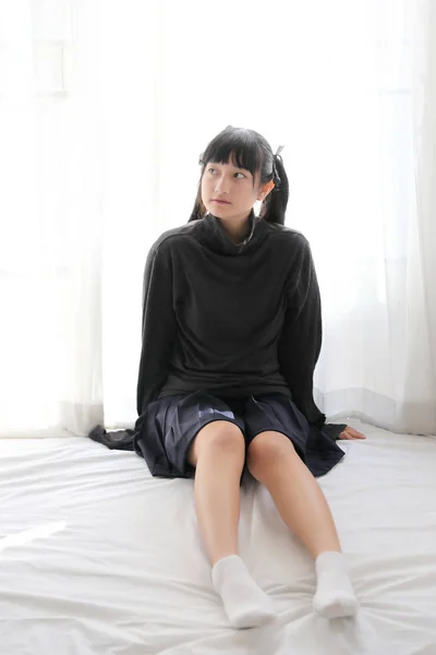 Young Pretty Girl Wearing Black Cotton Sweatshirt Bedroom White Tone — Stock Photo, Image