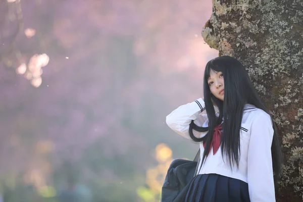 Japanse School Meisjeskleding Uitziende Sakura Bloem Natuur Loopbrug — Stockfoto