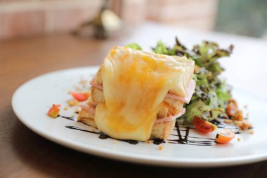 Peynirli sandviç salata ahşap arka plan üzerinde