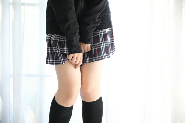 Portrait Japanese School Girl Costume Legs White Tone Bed Room — Stock Photo, Image