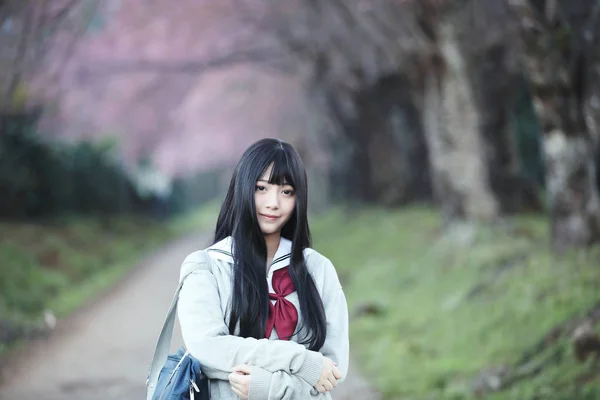 Японська Школярка Одягаються Дивлячись Сакура Квітка Природи Доріжки — стокове фото