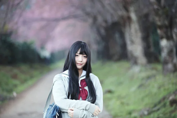 Japanska Skolflicka Dress Ser Sakura Blomma Natur Gångväg — Stockfoto