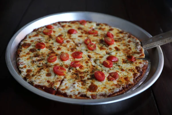 Pizza Cherry Tomato Wood Background — Stock Photo, Image