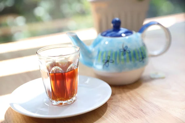 Pour Tea Pot Tea Cup Wood Table Background — Stock Photo, Image