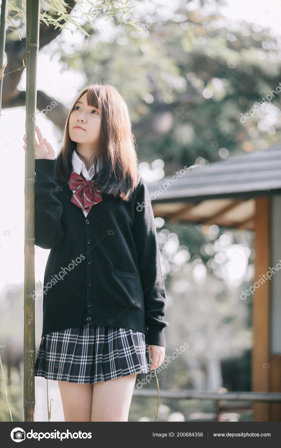 Portrait Asian Japanese School Girl Costume Japanese Garden Stock Photo by 200684356