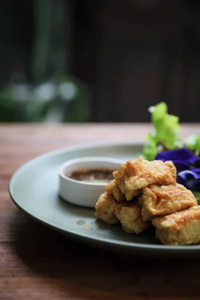 Vegan Cibo Giapponese Tofu Fritto Sfondo Legno Stile Vintage — Foto Stock