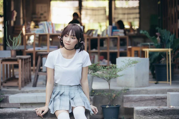 Portrait Asian Girl White Shirt Skirt Sitting Outdoor Nature Vintage — Stock Photo, Image