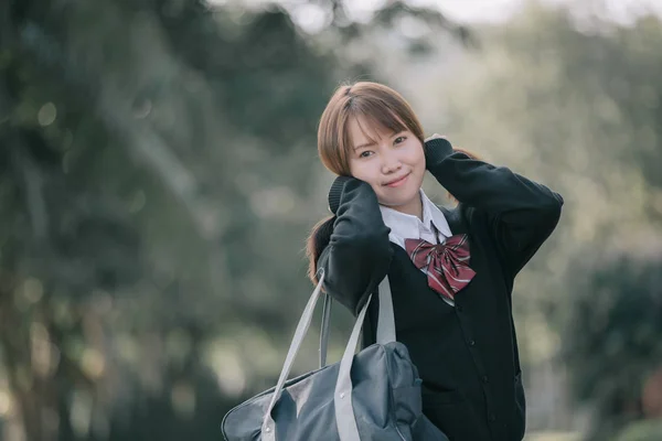 Portrait Asian Japanese School Girl Costume Looking Park Outdoor Film — Stock Photo, Image