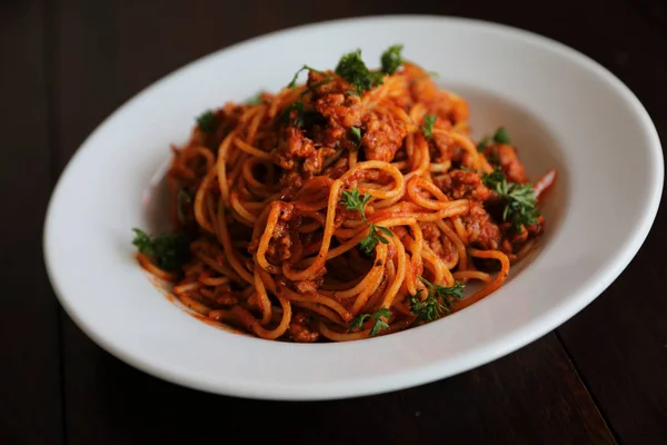 Spaghetti Bolognese Wood Background Italian Food — Stock Photo, Image