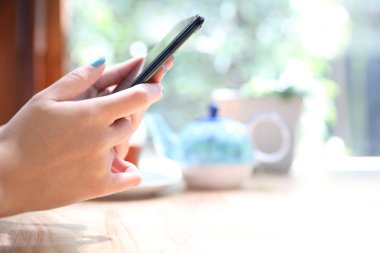 Akıllı telefon ile çalışan bir kadın kahve dükkanında hisse senedi ticareti, iş konsepti