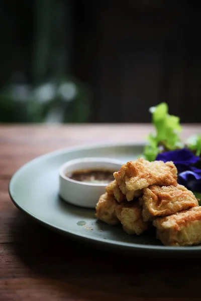 Vegan Cibo Giapponese Tofu Fritto Sfondo Legno Stile Vintage — Foto Stock