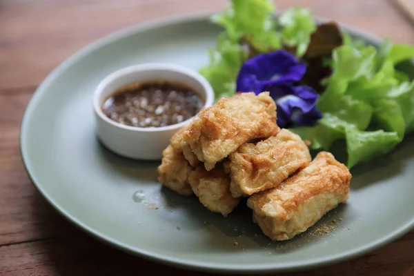 Vegan Comida Aperitivo Japonês Tofu Frito Fundo Madeira Estilo Vintage — Fotografia de Stock