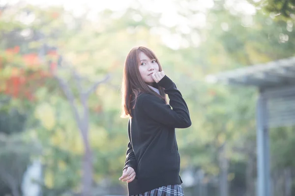 Portrait Asian Japanese School Girl Costume Looking Park Outdoor Film — Stock Photo, Image