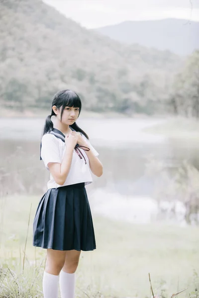 Ázsiai Japán Iskola Lány Jelmez Látszó Nél Park Szabadtéri Film — Stock Fotó