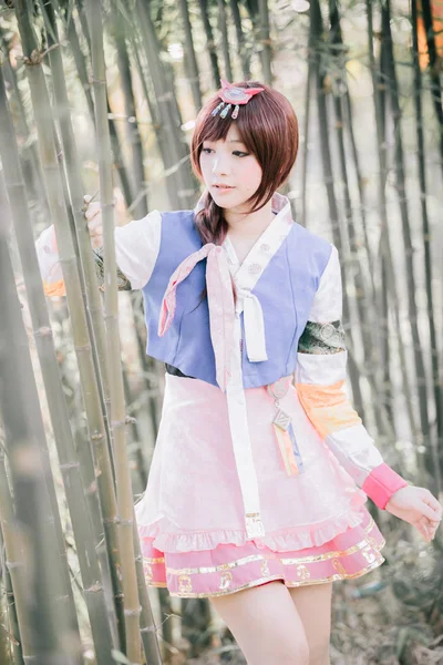 Portrait Hanbok Costume Young Woman Looking Smile Korean Park — Stock Photo, Image