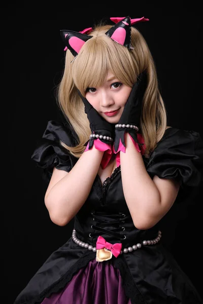 Portret Japońskiej Dziewczyny Anime Cosplay Odizolowanej Czarnym Tle — Zdjęcie stockowe