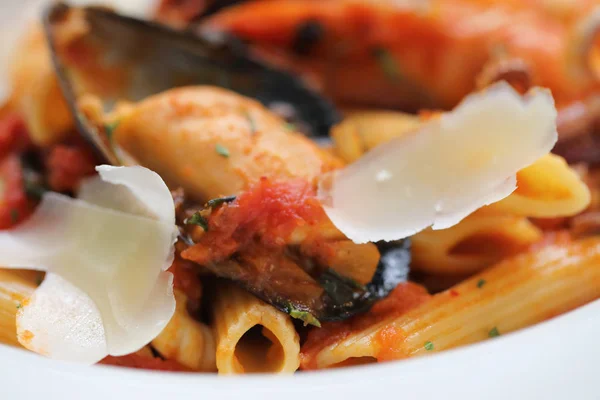 Penne Pasta Tomato Sauce Arabiata Seafood Wood Background Vintage Style — Stock Photo, Image