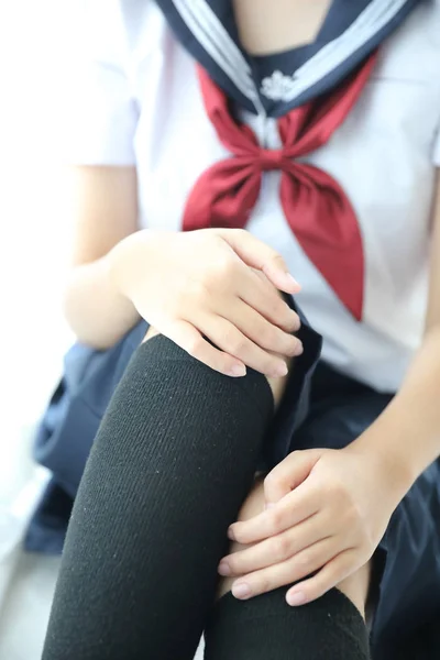 Retrato Japonês Escola Menina Caminho Corpo Branco Tom Cama Quarto — Fotografia de Stock