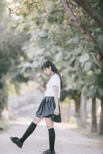 Portrait Asian Japanese School Girl Costume Looking Park Outdoor Film — Stock Photo, Image