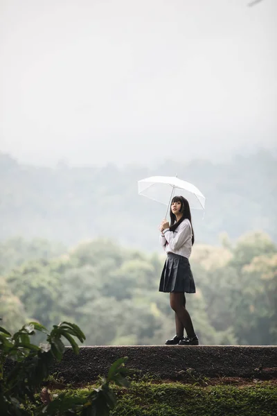 Portrait Asian School Girl Walking Umbrella Nature Walkway Raining — Stock Photo, Image