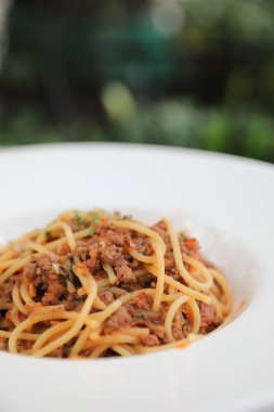 Parmesan peyniri ve fesleğenle süslenmiş kıyma ve domates soslu spagetti bolonez, İtalyan yemeği.