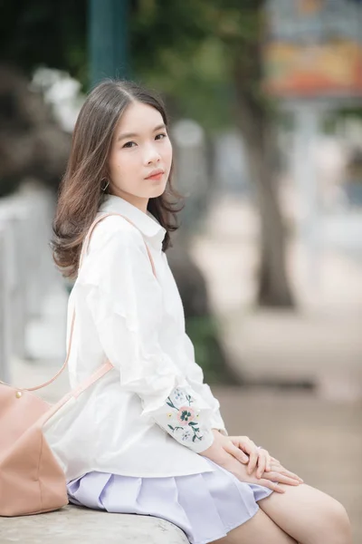 Portrait Asian Girl White Shirt Skirt Sitting Looking Outdoor Nature — Stock Photo, Image