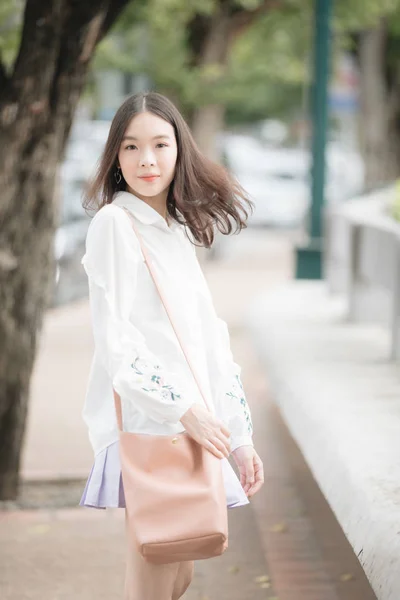 Portrait Asian Girl White Shirt Skirt Looking Outdoor Nature Vintage — Stock Photo, Image