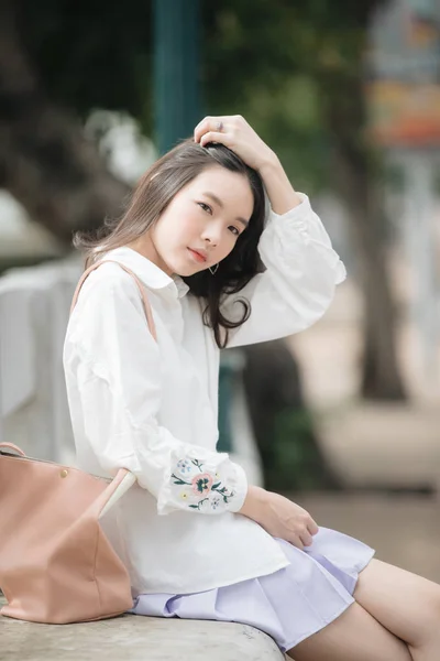 Portrait Asian Girl White Shirt Skirt Sitting Looking Outdoor Nature — Stock Photo, Image