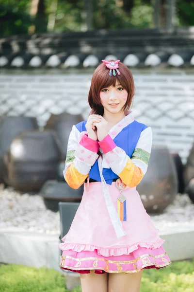 Portrait Hanbok Costume Young Woman Looking Smile Korean Park — Stock Photo, Image