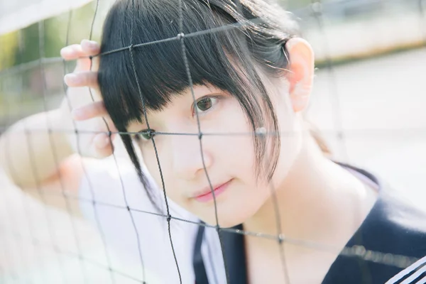 Portrait Beautiful Asian Japanese High School Girl Uniform Looking Net — Stock Photo, Image