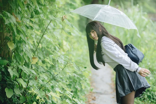 Portrait Asian School Girl Walking Umbrella Nature Walkway Raining — Stock Photo, Image