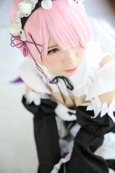 Portrait Japan Anime Cosplay Woman White Japanese Maid White Tone — Stock Photo, Image