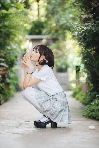 Portrait Asian Girl White Shirt Skirt Sitting Outdoor Nature Vintage — Stock Photo, Image