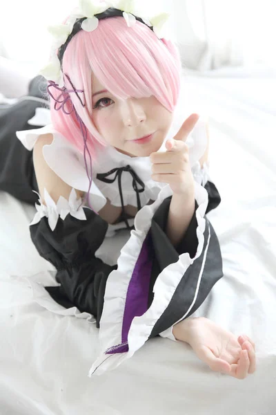 Portrait Japan Anime Cosplay Woman White Japanese Maid White Tone — Stock Photo, Image