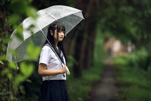 Portrait Asian School Girl Walking Umbrella Nature Walkway Raining — Stock Photo, Image