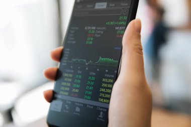 Akıllı telefon ile çalışan bir kadın kahve dükkanında hisse senedi ticareti, iş konsepti