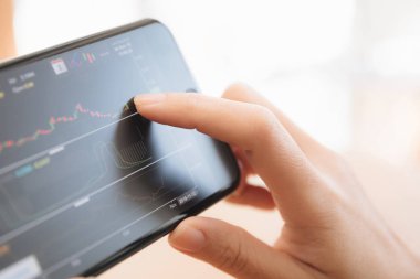 Akıllı telefon ile çalışan bir kadın kahve dükkanında hisse senedi ticareti, iş konsepti