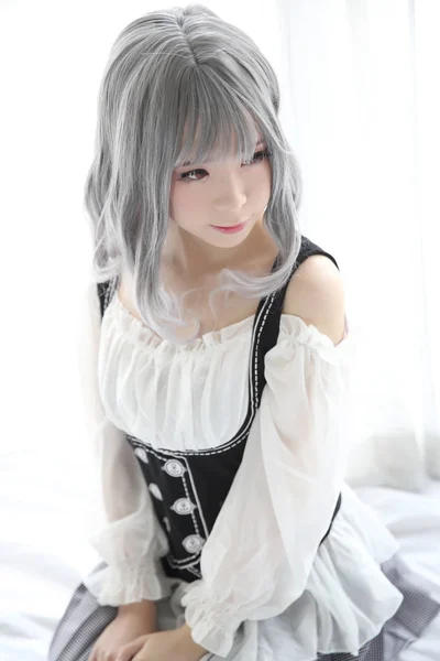 Portrait Young Asian Woman Fashion Dress White Tone Room — Stok Foto