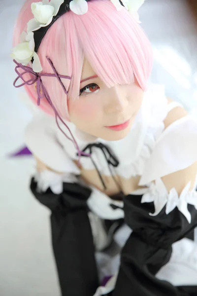 Portrait Japan Anime Cosplay Woman White Japanese Maid White Tone — Stock Photo, Image