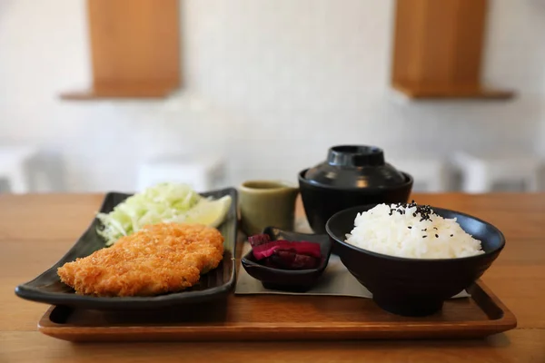 Tonkatsu Fried Pork Cutlet Rice Soup Wooden Table Japanese Food — Stock Photo, Image