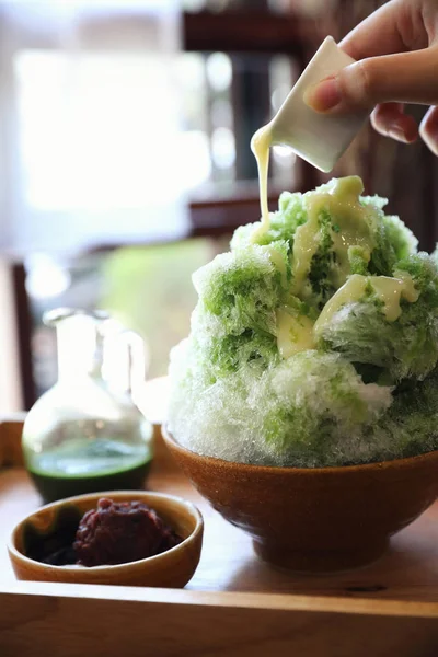 Delicious Japanese Sweet Shaved Ice Green Tea Wooden Table Japanese — Stock Photo, Image