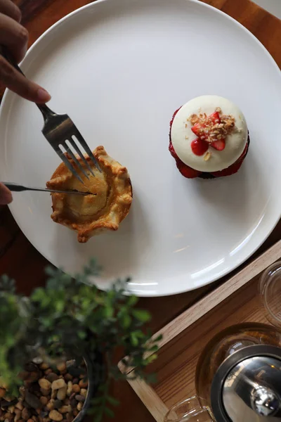 Sweet Dessert Strawberry Cake Pie Tea Top View Wood Backgreound — Stock Photo, Image