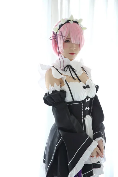 Portrait Japan Anime Cosplay Woman White Japanese Maid White Tone — Stock Photo, Image