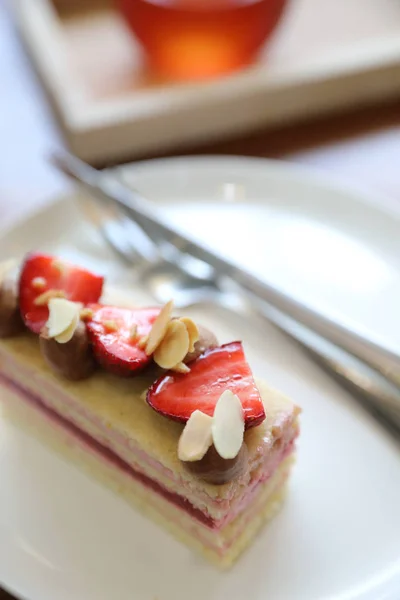 Strawberry Cake Dessert Sweet Food Strawberry Nuts Amd Cake Wooden — Stock Photo, Image