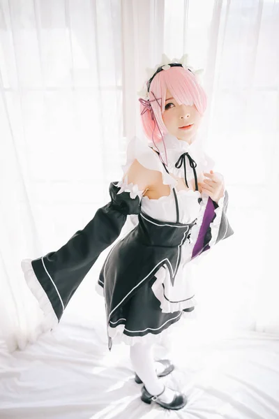 Retrato Japão Anime Cosplay Mulher Branco Japonês Empregada Doméstica Tom — Fotografia de Stock